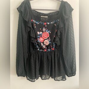 Savanna Jane black chiffon top with embroidered flowers